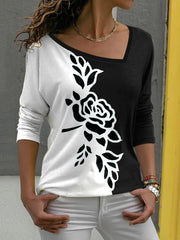 Floral Print Asymmetric V-neck Long Sleeves Sweatshirt
