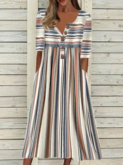 Stripe Print Scoop Neck Buttons Half Sleeves Midi Dress