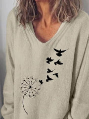 Dandelion Bird Print V-neck Long Sleeves Sweaters