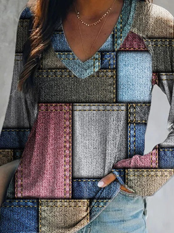Color Block Patchwork V-neck Long Sleeves Sweatshirt