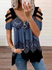 Ethnic Tribal Print V-neck Zipper Short Sleeves T-shirt