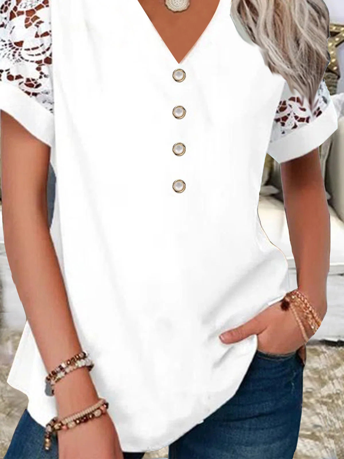 Solid Color V-neck Buttons Lace Short Sleeves Blouse