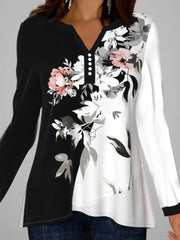 Color Block Floral V-Neck Buttons Long Sleeves Sweatshirts