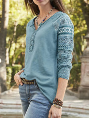 Solid Color Hollow out Buttons Scoop Neck Long Sleeves Sweatshirt