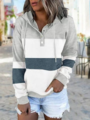 Color Block Buttons Hooded Long Sleeves Sweatshirt