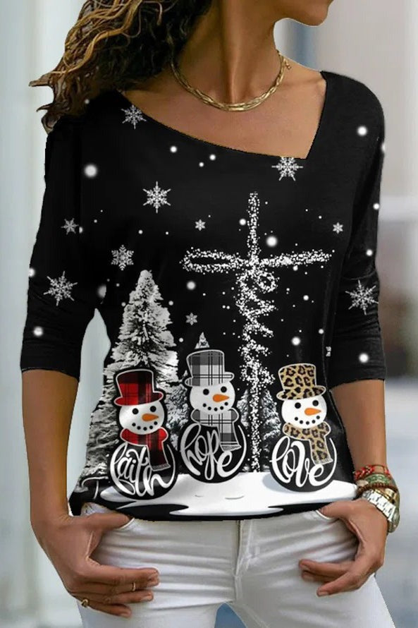 Snowman Print Asymmetrical V-neck Long Sleeves Sweatshirt