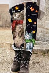Cute Cat Print Vintage Elastic Waist Leggings