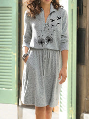 Dandelion Print Zipper Lapel Long Sleeves Shift Dress