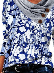 Floral Print Buttons Cowl Neck Long Sleeves Sweatshirt