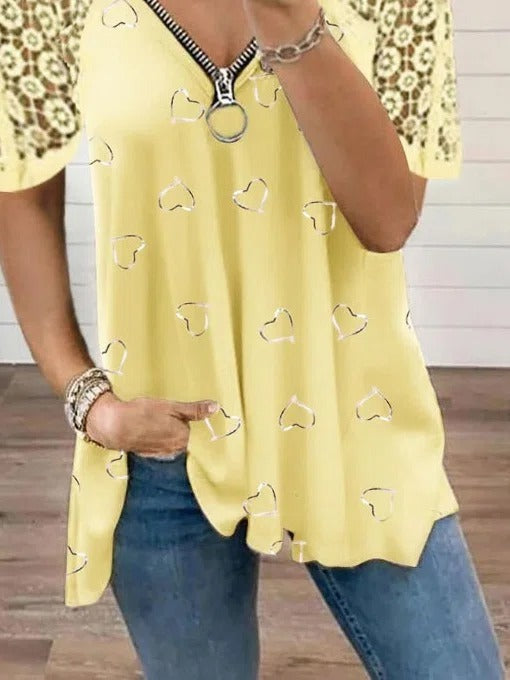 Heart Print Zipper Lace V-neck Short Sleeves T-shirt