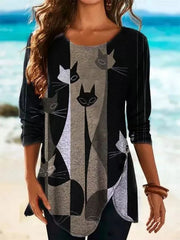 Cartoon Cat Print Irregular Hem Long Sleeves Sweatshirt
