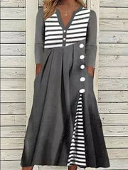 Stripe Print Buttons V-neck Long Sleeves Midi Dress