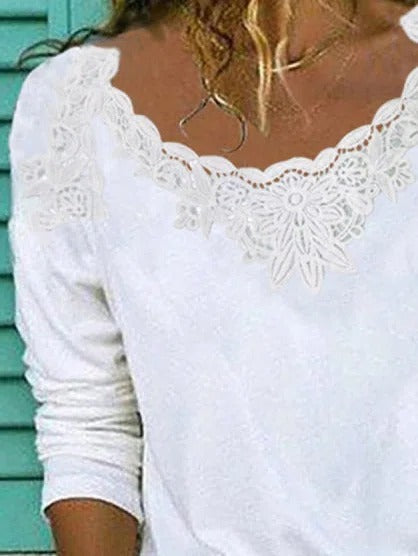 Solid Color Lace Round Neck Long Sleeves Sweatshirt