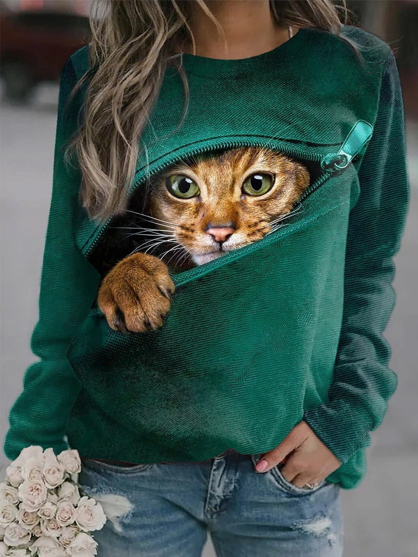 Casual Cat Long Sleeve Round Neck Print Sweatshirt