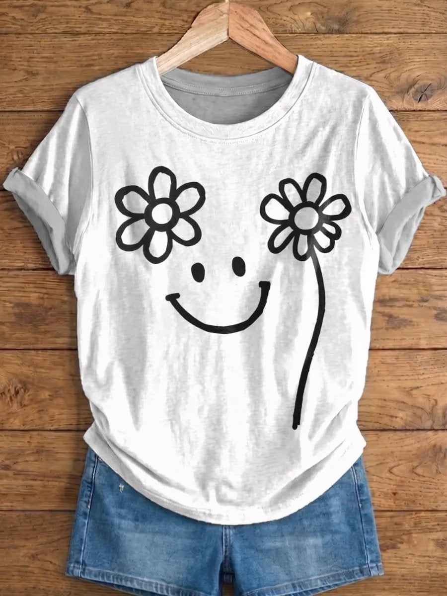 Retro Flowers Smile Face Women And Men's Vintage Art Print Casual T-shirt