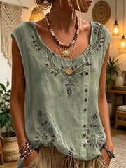 Ethnicity Texture Flowers Women's Art Print Casual Round Neck No Sleeve Cotton Shirt