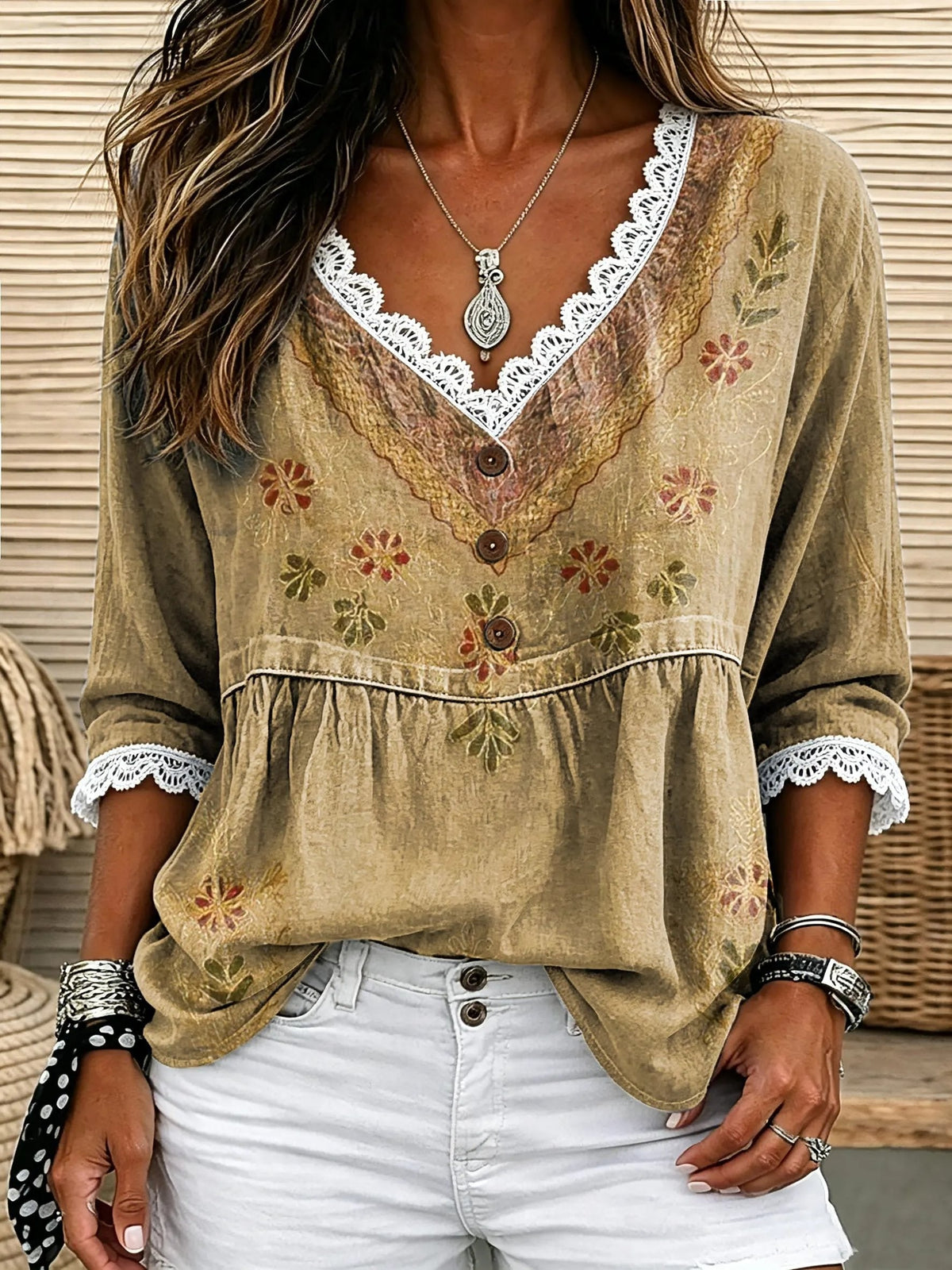 Women's Vintage Washed Floral Print Lace Trim V-Neck 3/4 Sleeve Top