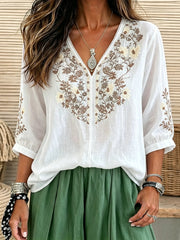 Women's Solid Color Floral Lace Trim V-Neck 3/4 Sleeve Top