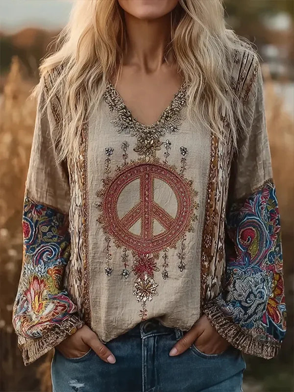 Women's Boho Flower Anti-War Peace Symbol Patterns V Neck Long Sleeve T-Shirt