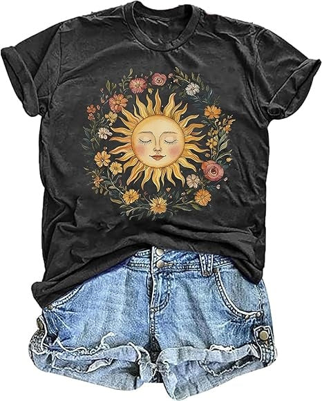 Boho Spiritual Sun Shirt for Women Cute Summer Vintage Hippy Floral Bohemian Graphic Tees Tops