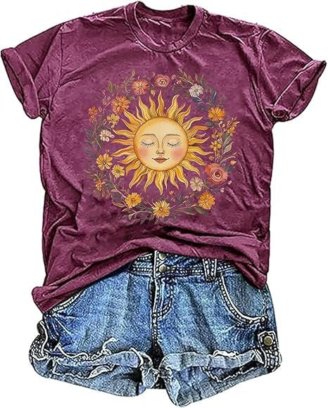 Boho Spiritual Sun Shirt for Women Cute Summer Vintage Hippy Floral Bohemian Graphic Tees Tops
