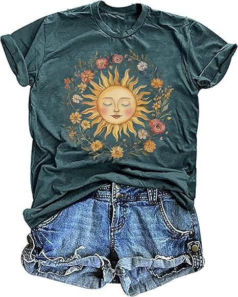 Boho Spiritual Sun Shirt for Women Cute Summer Vintage Hippy Floral Bohemian Graphic Tees Tops