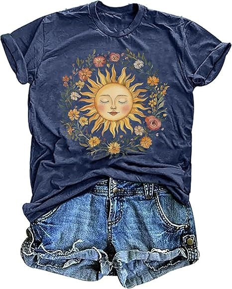 Boho Spiritual Sun Shirt for Women Cute Summer Vintage Hippy Floral Bohemian Graphic Tees Tops