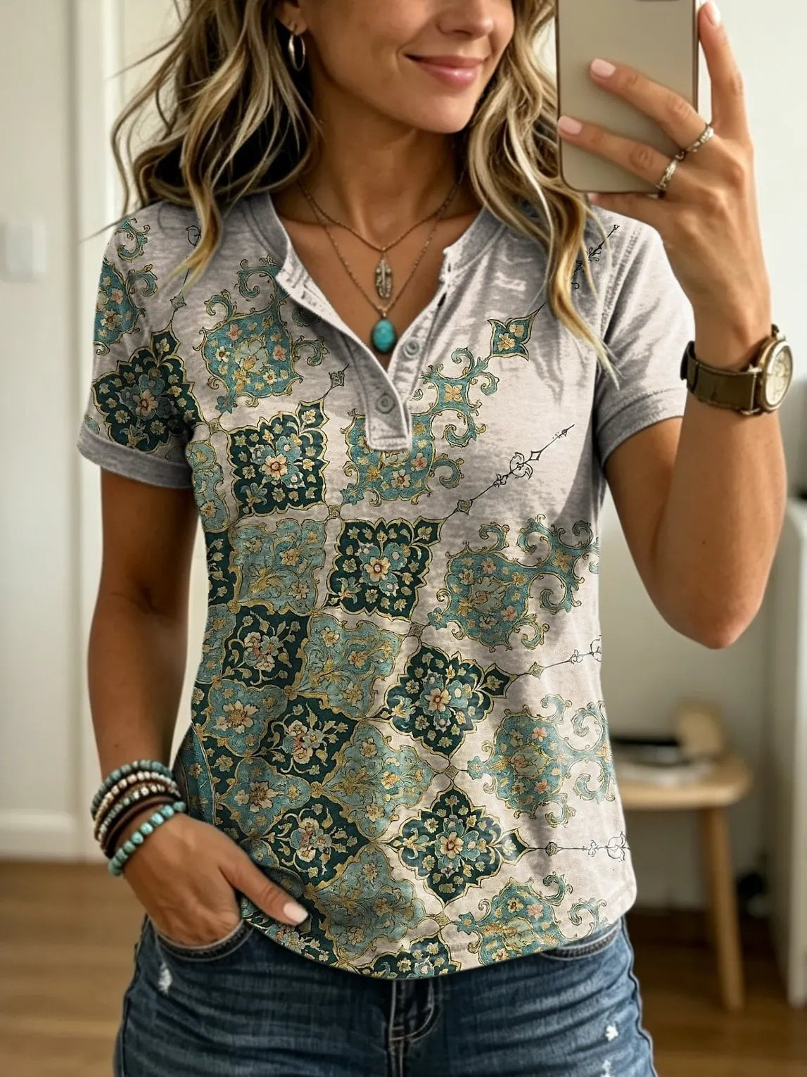 Women's Retro Ethnic Floral Print Casual Short-sleeve T-shirt