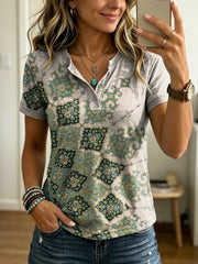 Women's Retro Ethnic Floral Print Casual Short-sleeve T-shirt