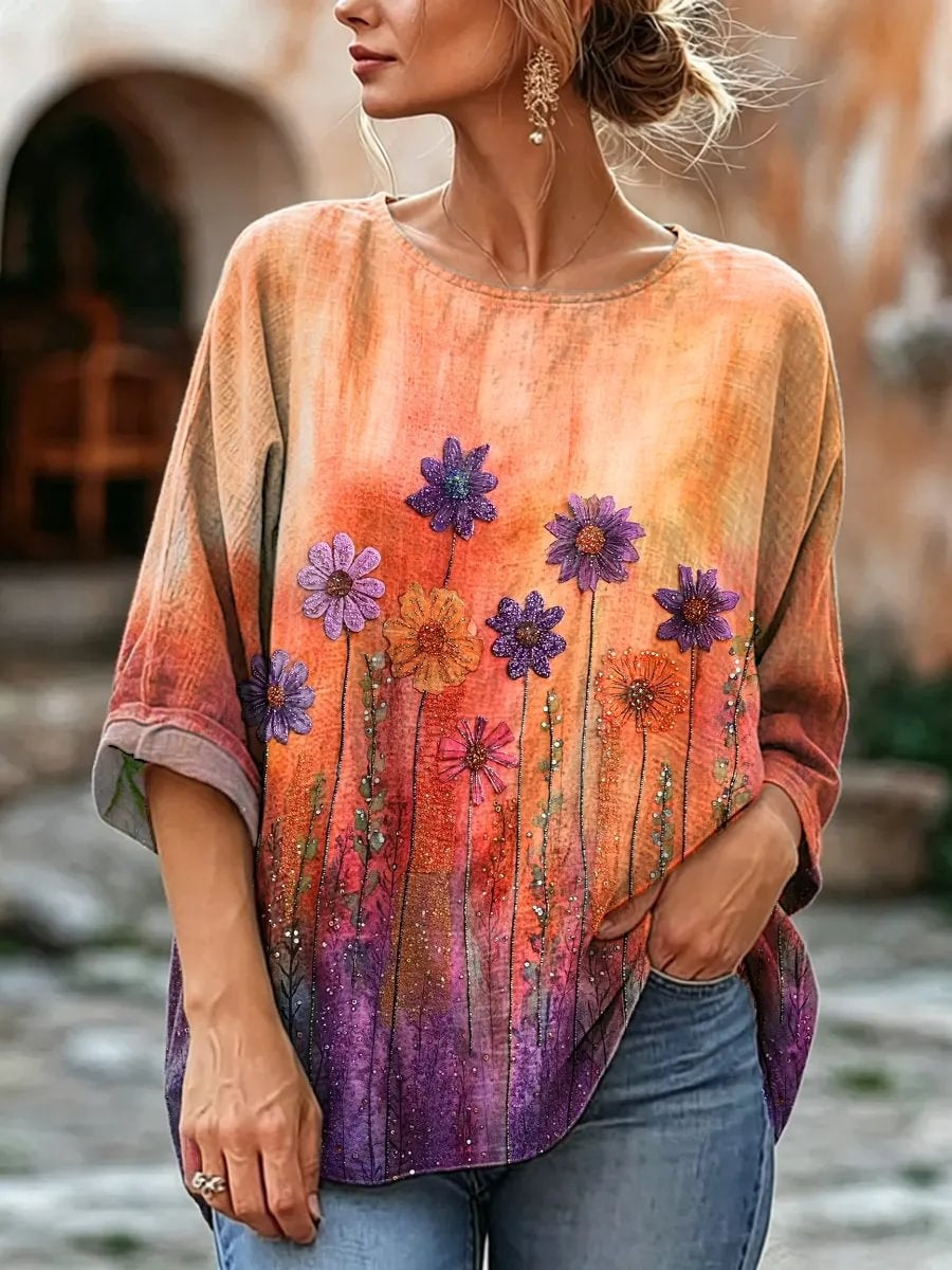 Women's Ombre Floral Watercolor Print Linen Blend Blouse