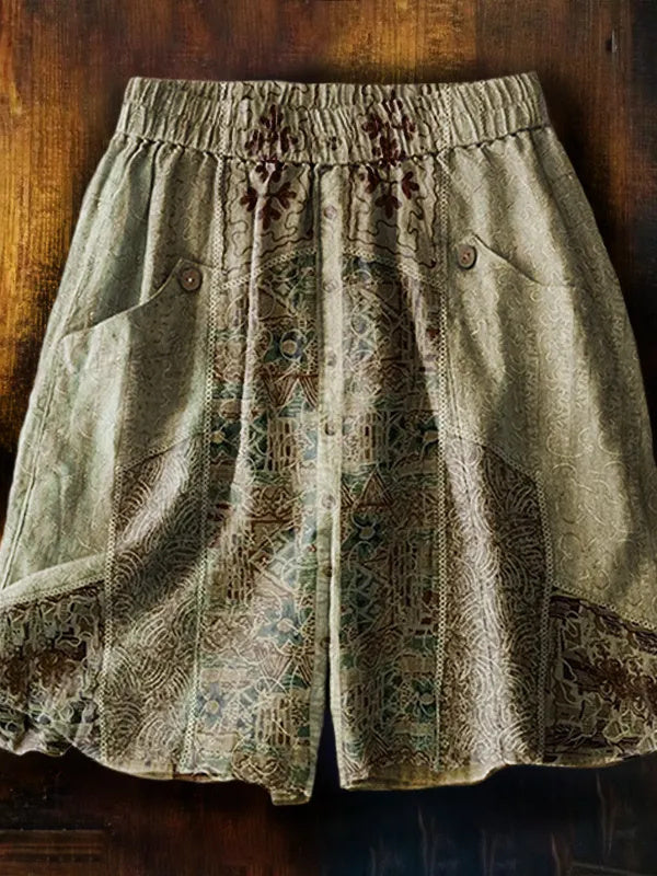 Women's Retro Ethnic Style Tattoo Pattern Art Print Casual Pocket Cotton Linen Shorts