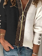 Zipper Leopard Buttons Long Sleeve Sweater