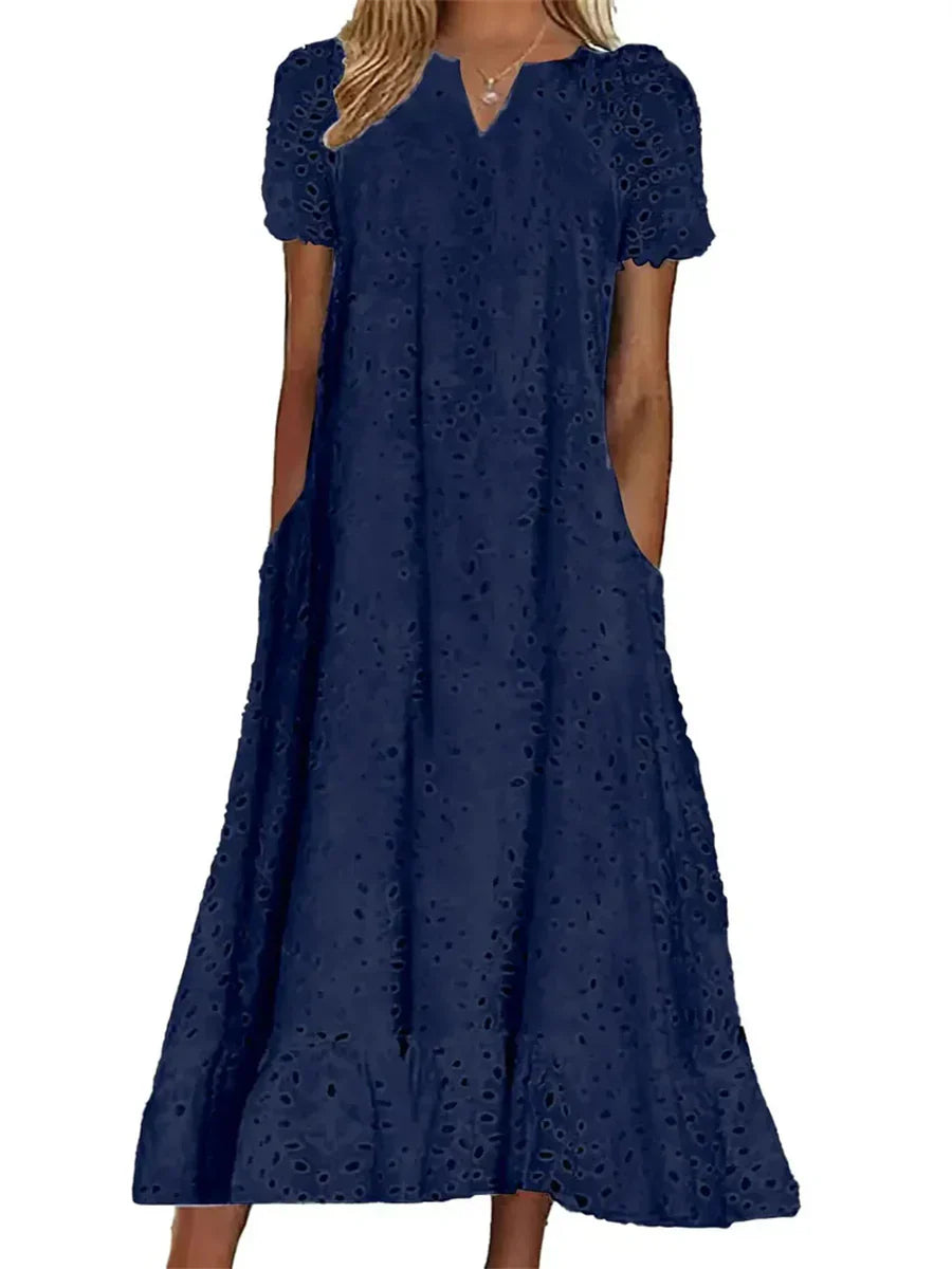 Women's Elegant Strategic Cutout V-neck Short Sleeve Maxi Dress