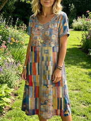 Women's Bohemian-style Short-sleeve Dress With Geometric Artistic Print And Openwork Round Neckline