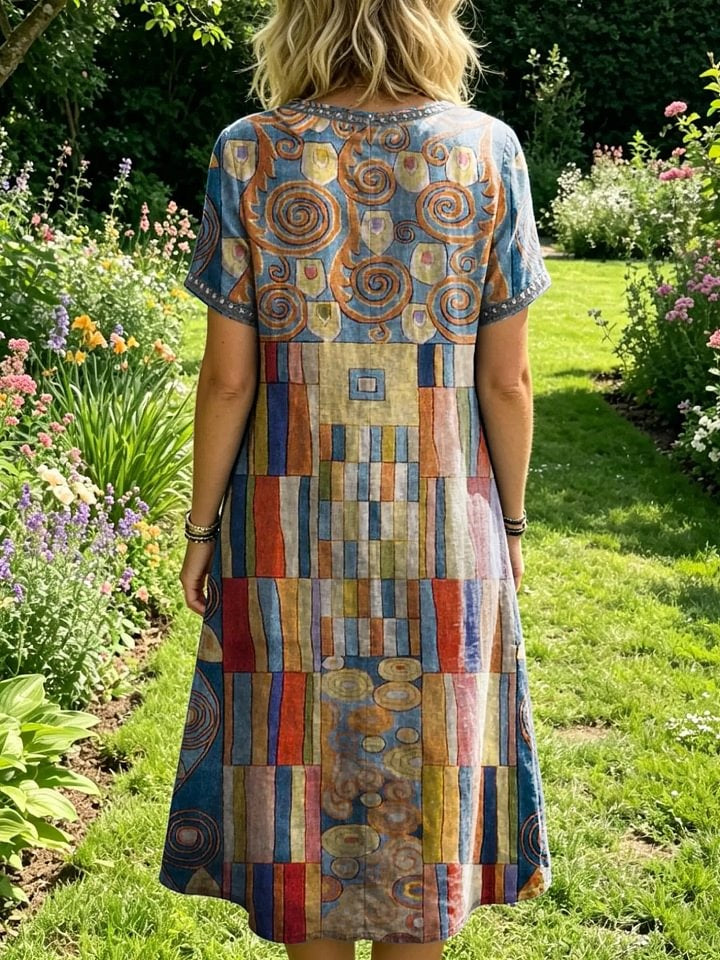 Women's Bohemian-style Short-sleeve Dress With Geometric Artistic Print And Openwork Round Neckline
