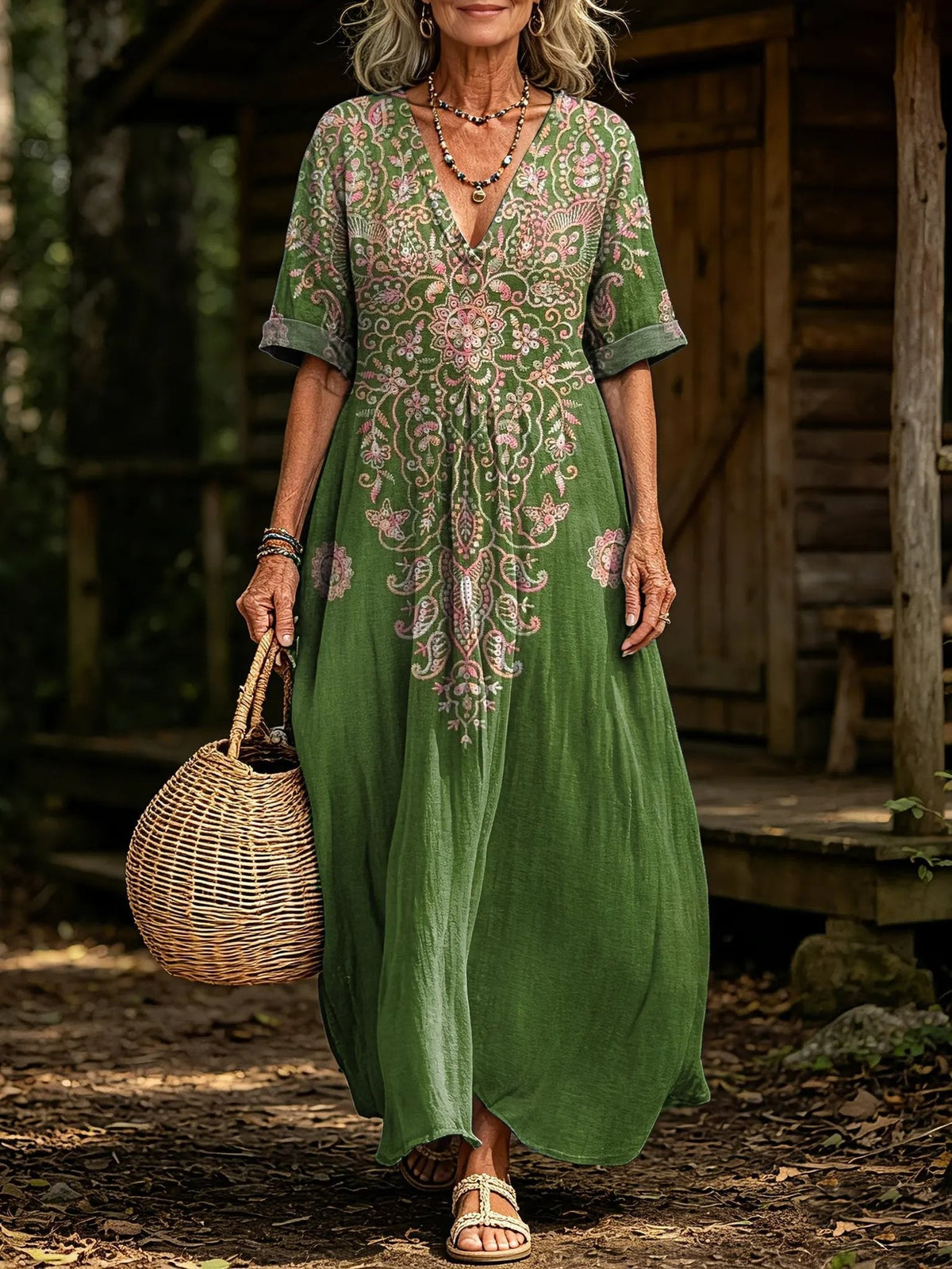 Women's Vintage Embroidered Floral Print V-Neck Short Sleeve Linen Maxi Dress