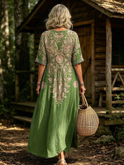 Women's Vintage Embroidered Floral Print V-Neck Short Sleeve Linen Maxi Dress