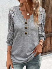 V Neck Casual Plain Lace T-Shirt