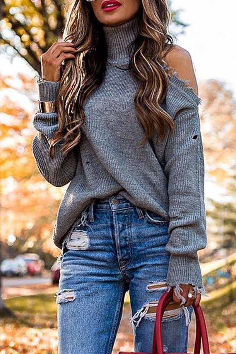 Plain Hollow Out High Neck Long Sleeves Sweater