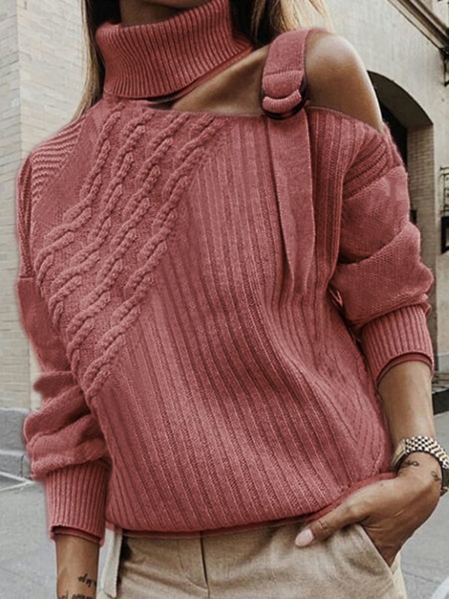 Solid Color High Neck Off-Shoulder Long Sleeves Sweater