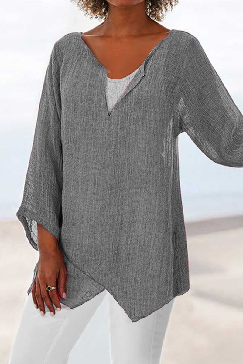 Women's V-neck Solid Color Irregular 3/4 Sleeves Blouse