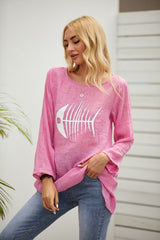 Fish-bone Print Crew Neck Long Sleeves Blouse
