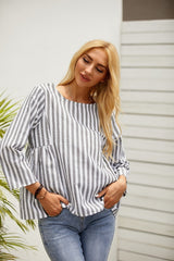 Stripe Print Round Neck 3/4 Sleeves Shirts & Tops