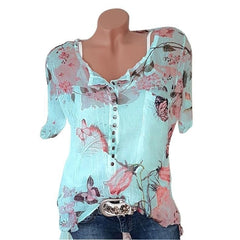 Floral Print V-neck Short Sleeves Blouse