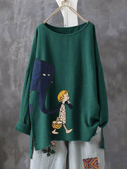Animal Print Round Neck Long Sleeves Plus Size T-shirt