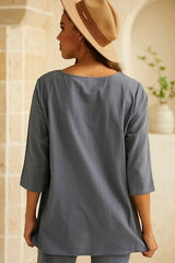 Solid Pockets Crew Neck 3/4 Sleeves Blouse