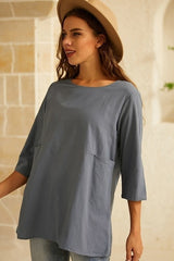 Solid Pockets Crew Neck 3/4 Sleeves Blouse