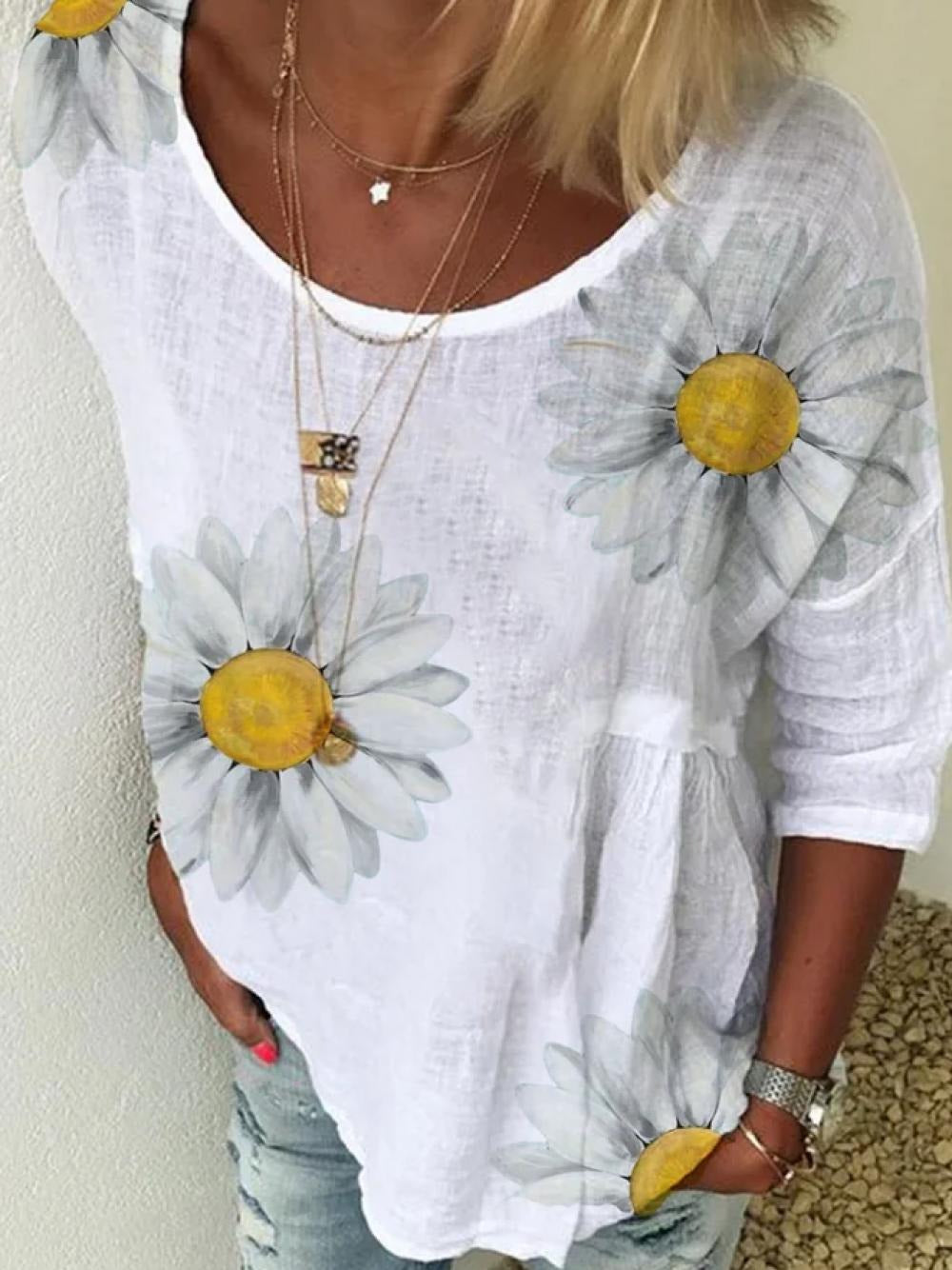 Floral Scoop Neck 3/4 Length Sleeves Shirt