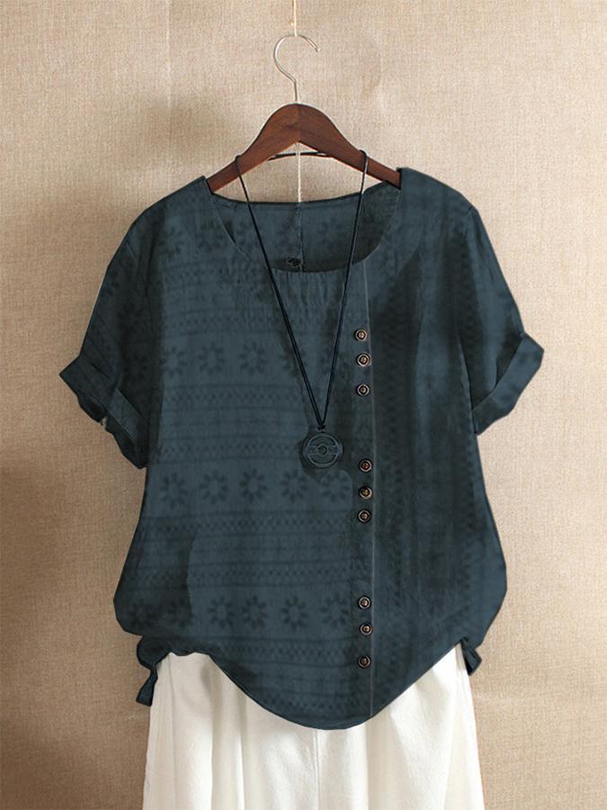 Geometric Print Buttons Round Neck Short Sleeves T-shirt