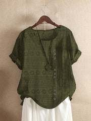 Geometric Print Buttons Round Neck Short Sleeves T-shirt